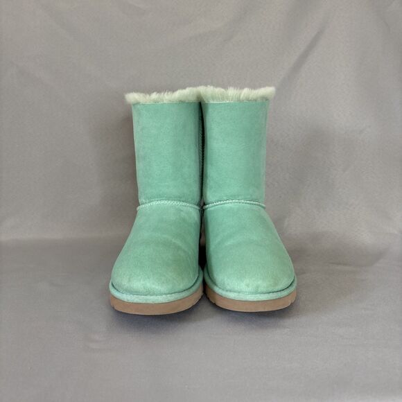 Women's UGG Boots Sz 7 Bailey Bow SFSP Aqua Suede Coquette Light Green Blue - Picture 2 of 16